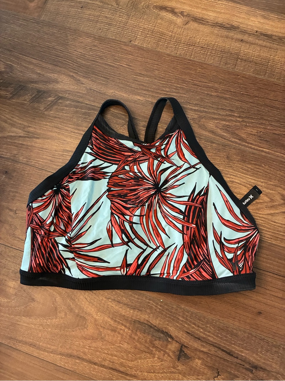 Hurley Red Palm High-Neck Swim Top - Red/Light Blue